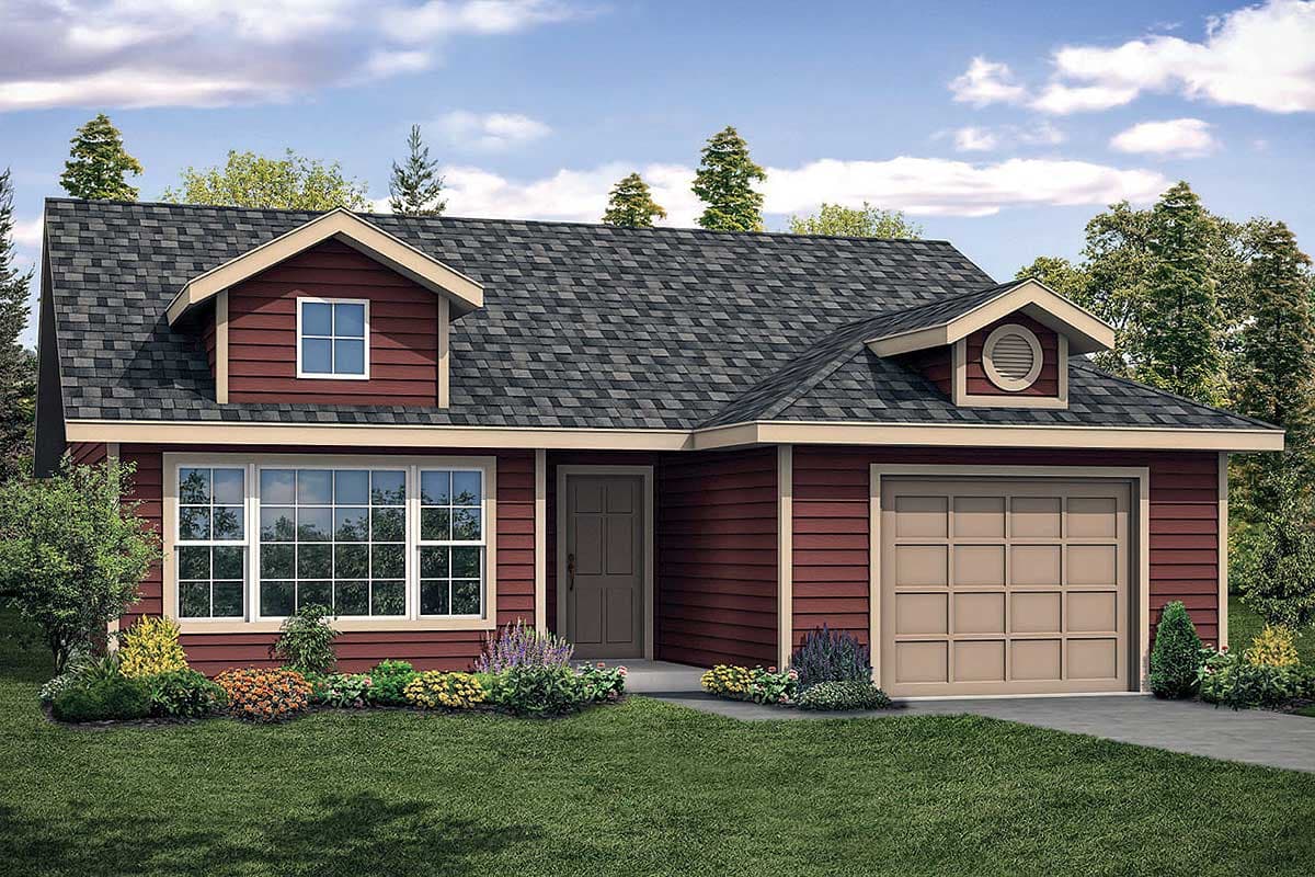 House plan exterior. Ranch style with a gabled roof, dormers, and an attached garage. Features include a large picture window and a decorative vent.
