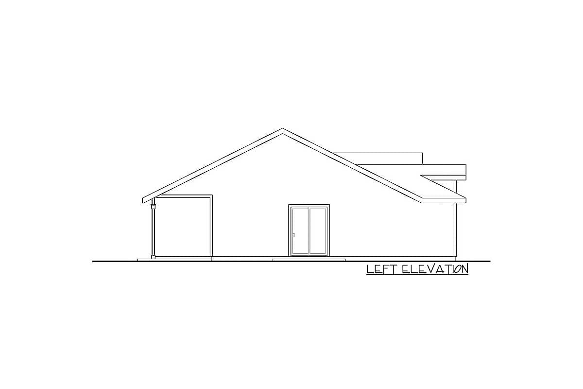 Left elevation house plan drawing showing a hip roofline, covered porch, and double door entry.