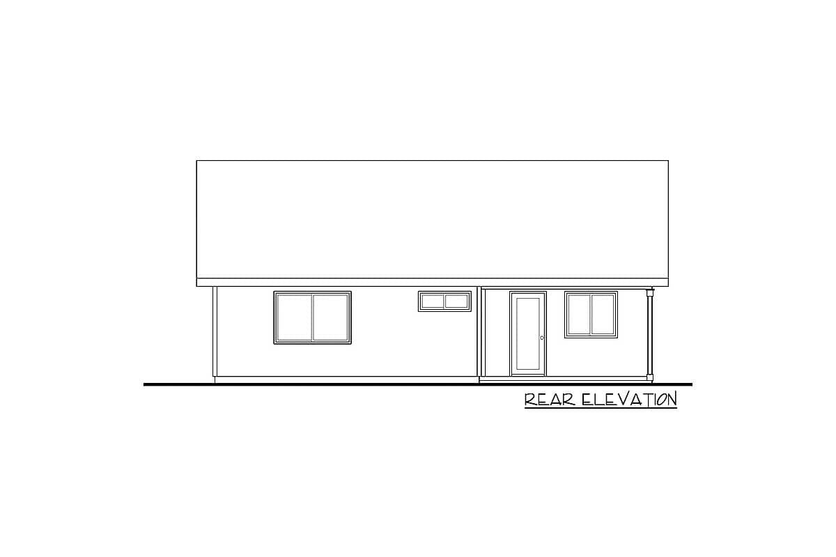 Rear elevation drawing shows a house with a door, three windows, and a simple roofline.