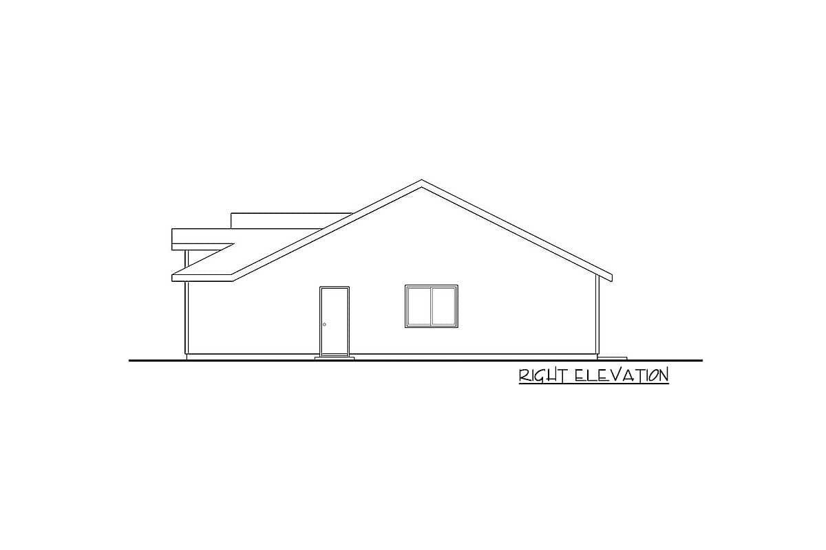 Right elevation drawing of a house plan, showing a single story with a sloped roof, door, and window.