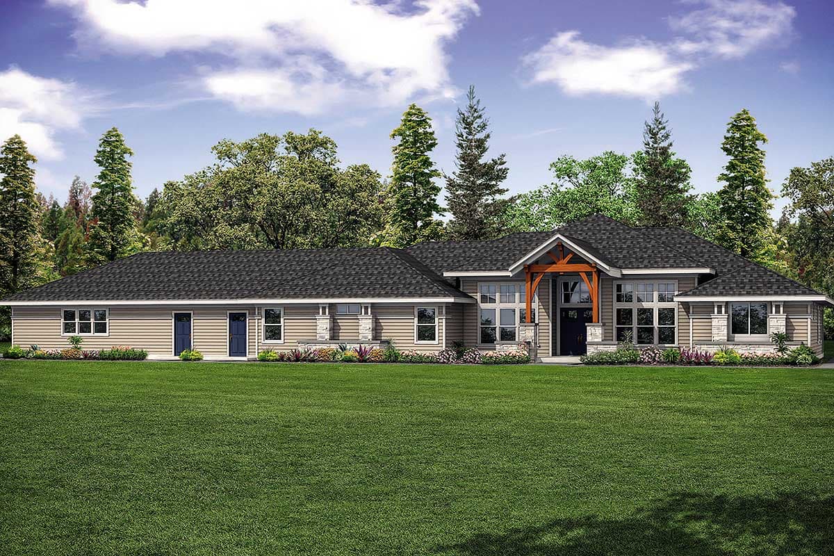 House plan exterior. Ranch style with a single story. Features include a covered entry, gabled roof, and multiple windows with stone accents.