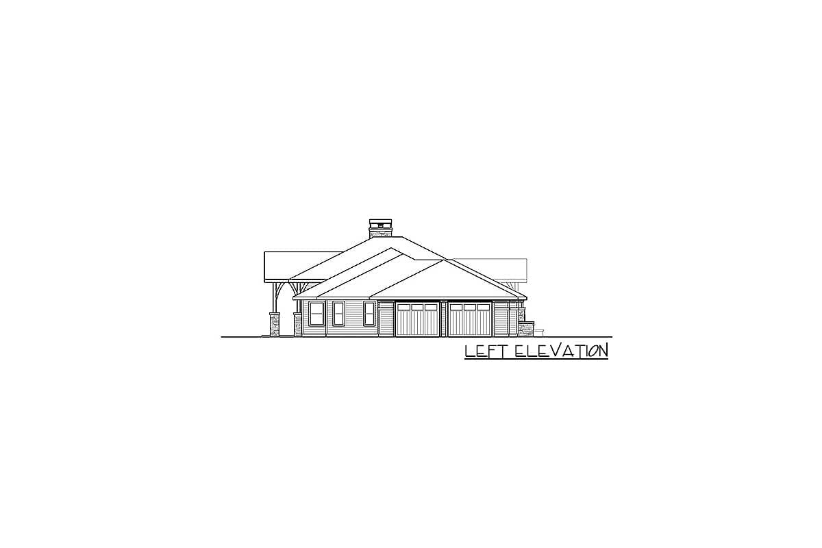 Left elevation of a house plan showing a single story with a prominent hip roof, a three-car garage, and a covered entry.
