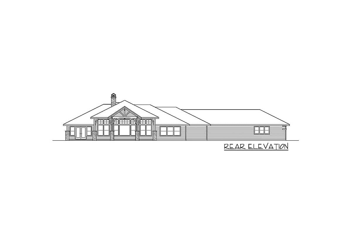 Rear elevation drawing of a one-story house with a prominent gable and multiple windows.