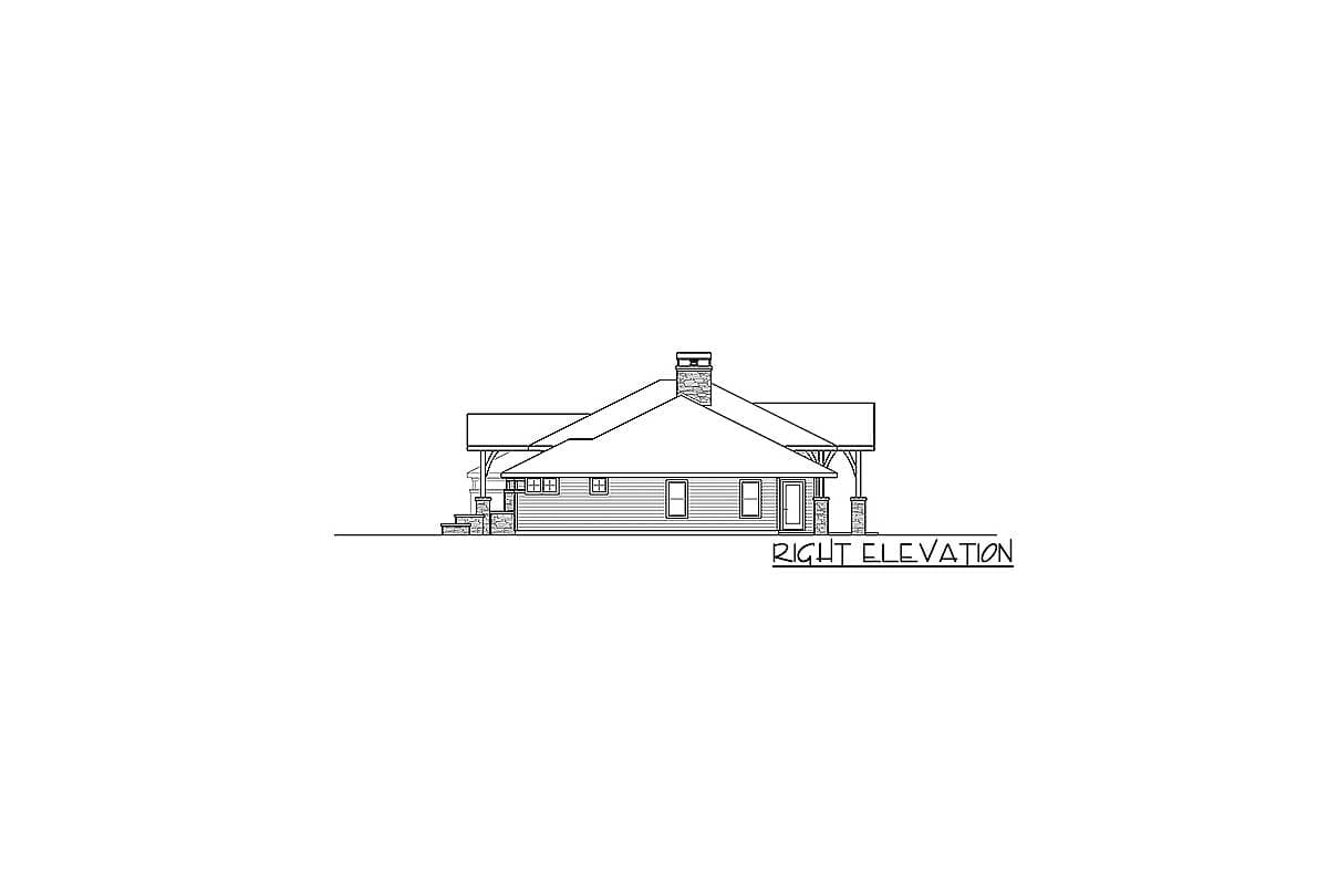 Right elevation of a house plan featuring a prominent gable roof, stone chimney, and covered porch with column supports.