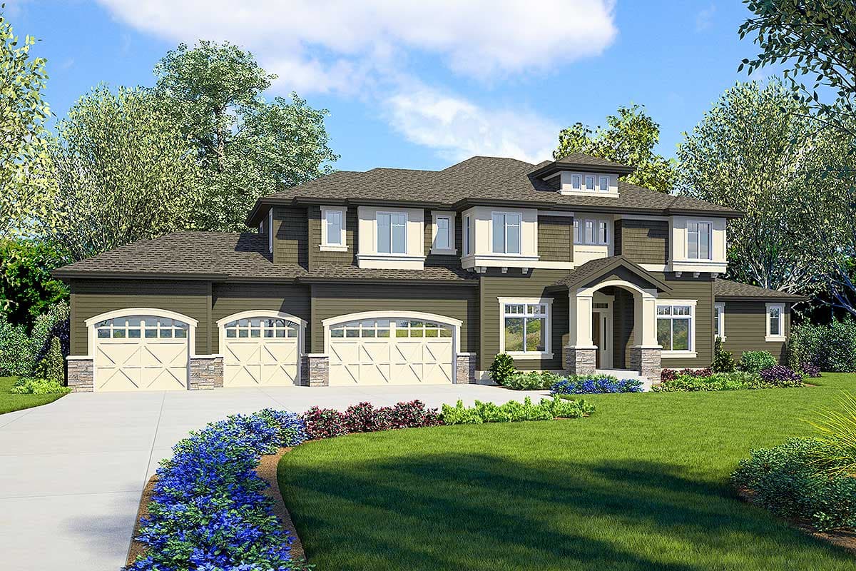 House plan exterior. Two-story home with a three-car garage, multiple gables, and a covered entry. Features shingle siding and decorative trim.
