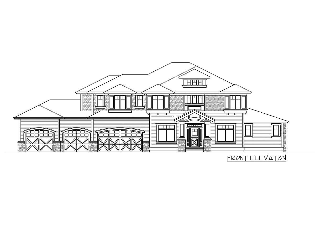 Front elevation drawing of a two-story house plan featuring a three-car garage, gabled dormers, and a covered entry porch.
