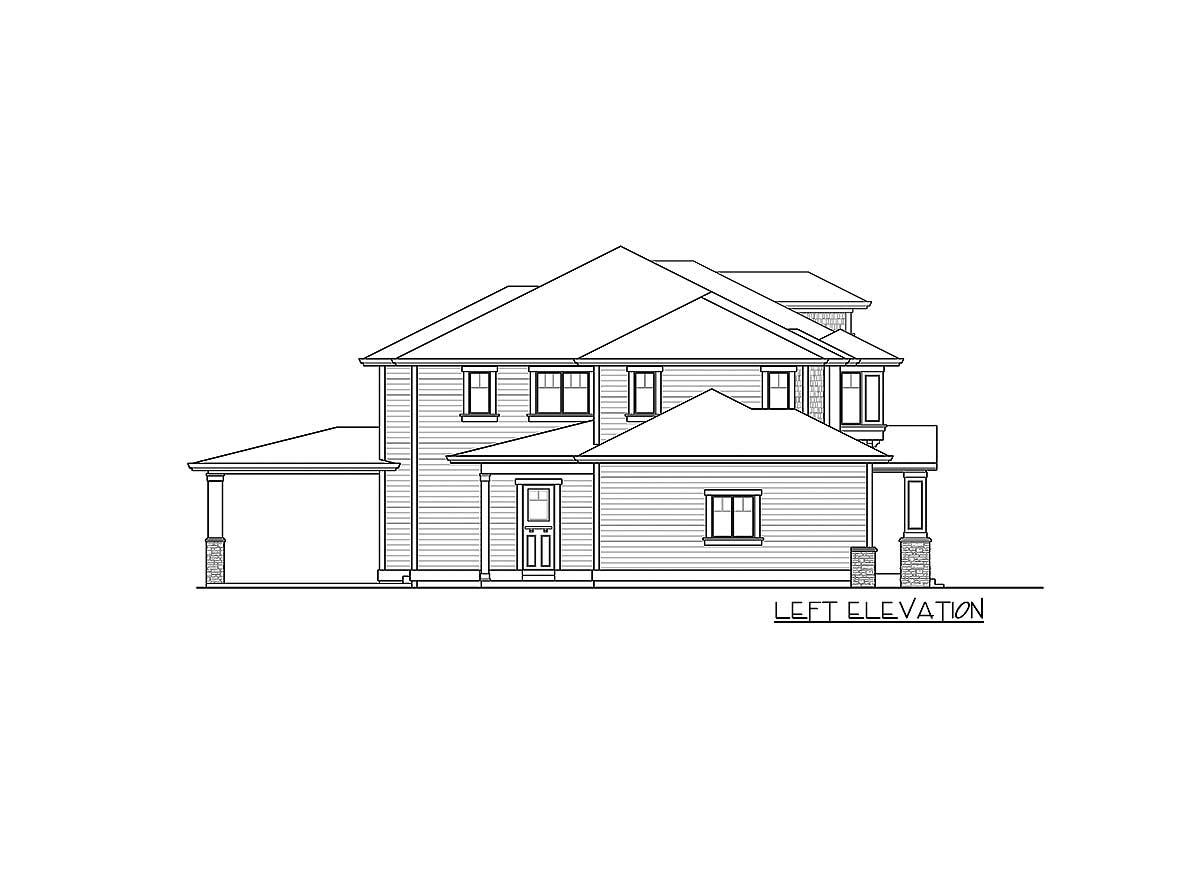 Left elevation drawing of a two-story house plan with a covered carport, multiple gables, and prominent dormers.
