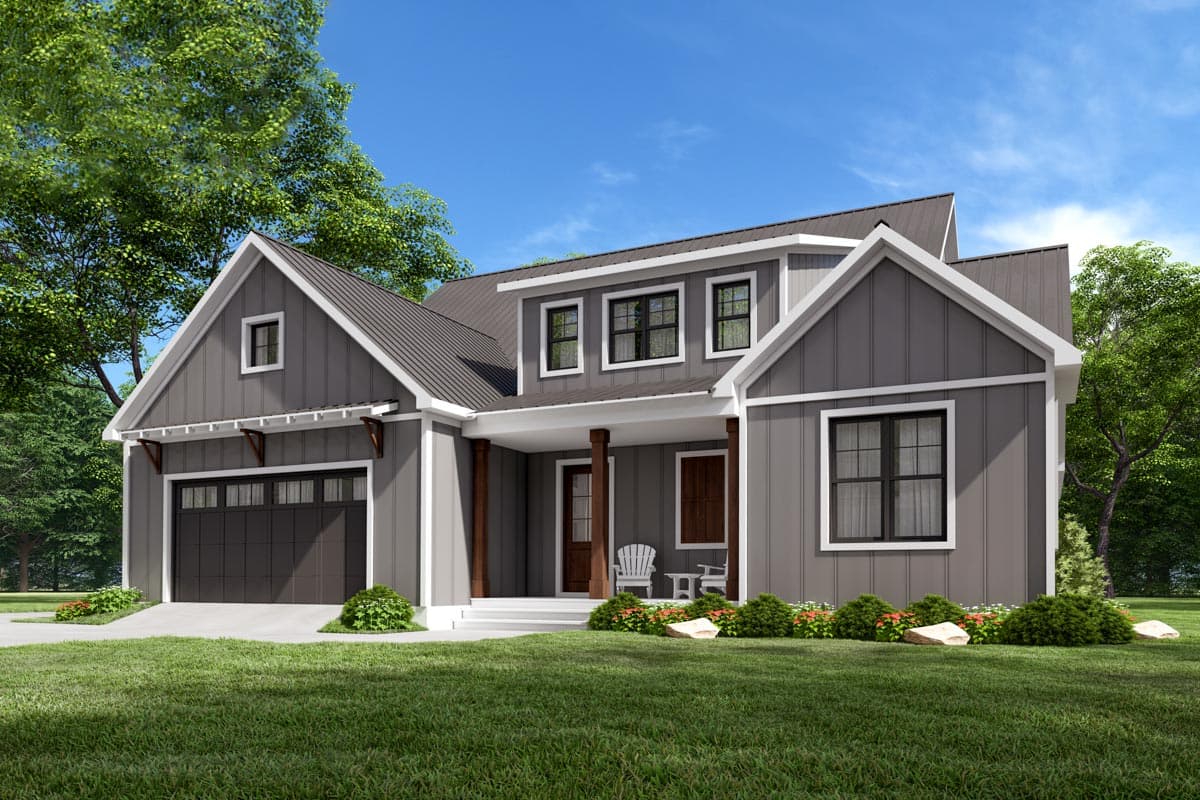 Modern Farmhouse house plan exterior with a covered front porch, a gable roof, and an attached side-entry garage.