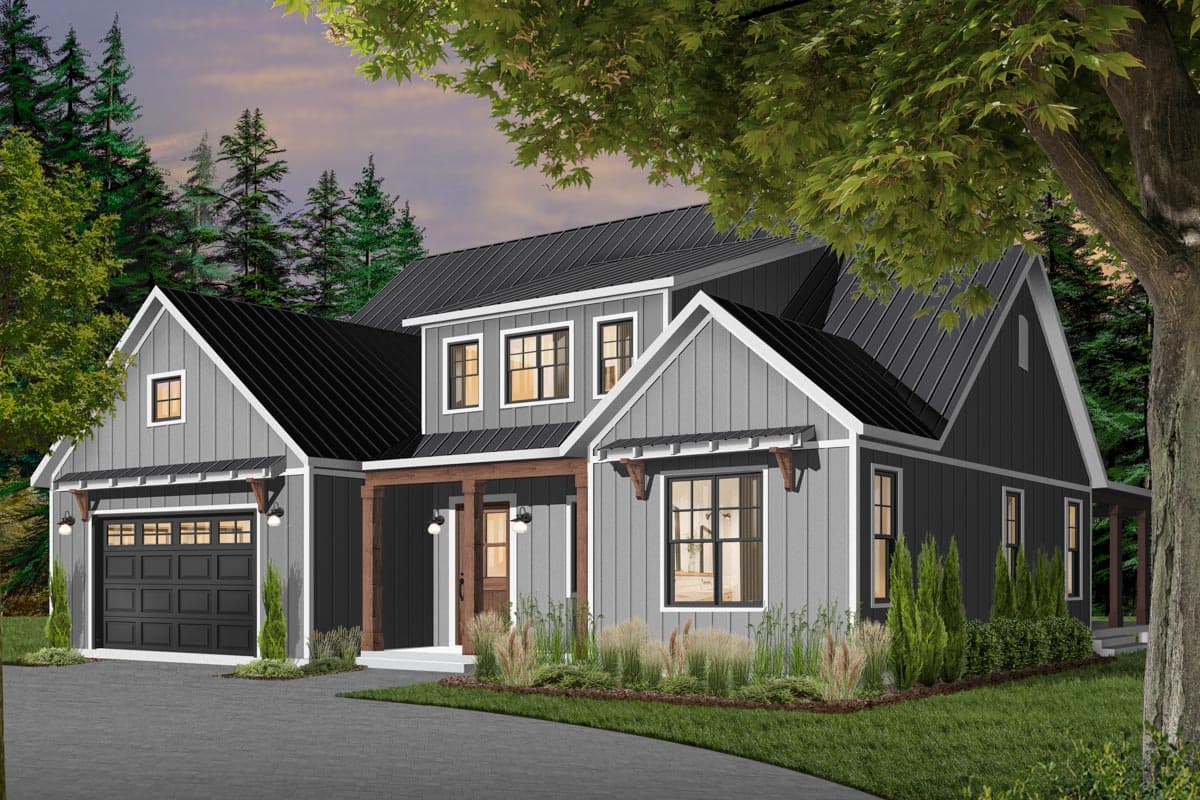 House plan exterior. Modern farmhouse style with two stories, gabled roof, a covered porch, and a side-entry garage.