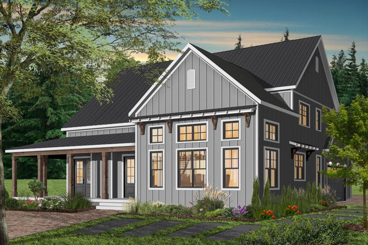 Modern Farmhouse house plan exterior with a covered porch, gabled roof, board and batten siding, and multiple windows.