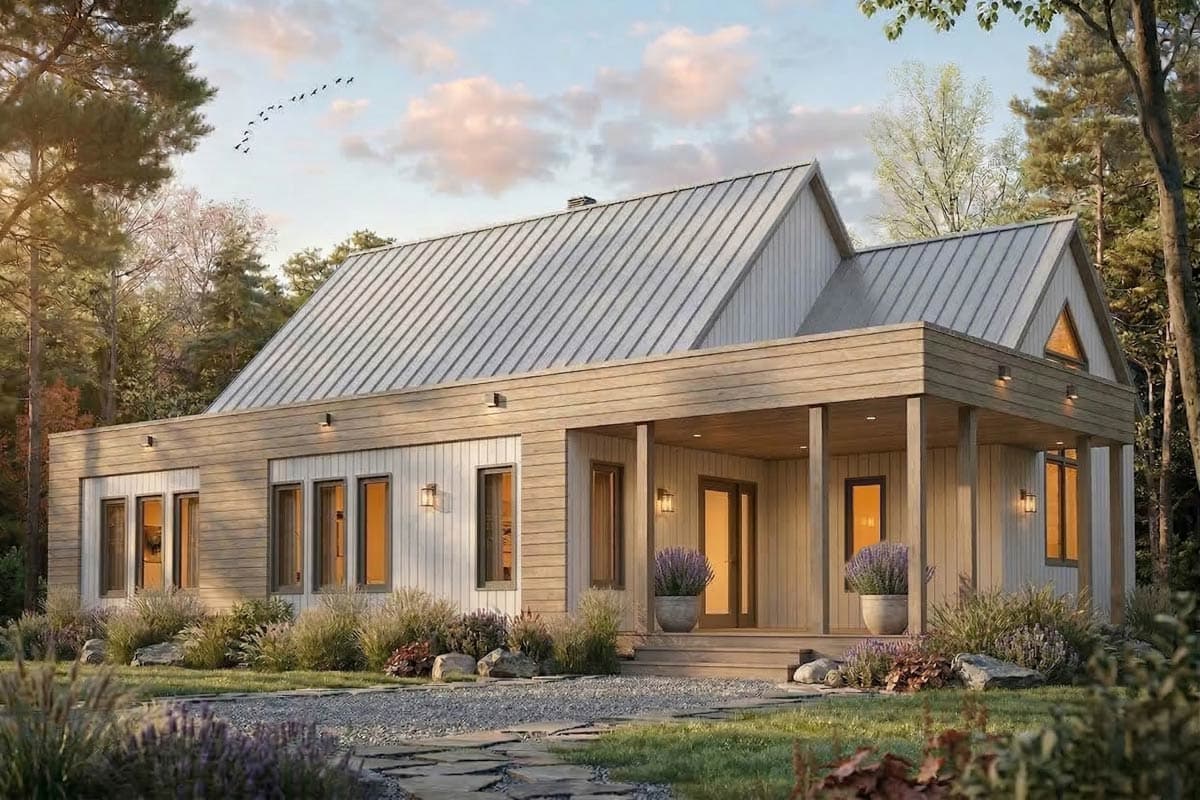 Modern house plan exterior with metal roof, large gable window, covered porch, and wooden pergola.