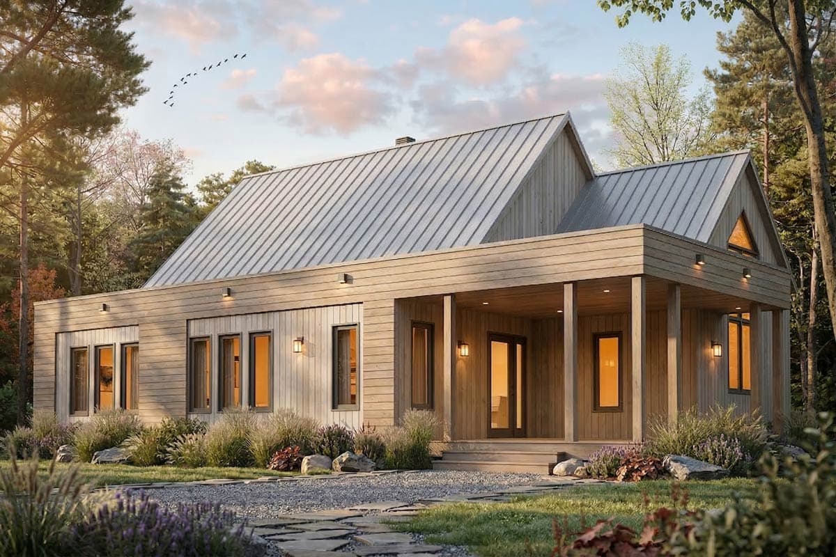 Modern house plan exterior with wood siding, gabled rooflines, and covered entry porch with support posts.