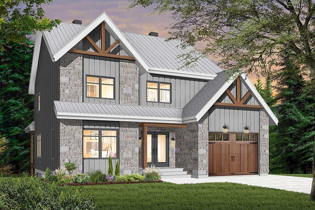 House plan exterior with board and batten siding, stone facade, and metal roof. Features a two-story gable roof and attached garage.