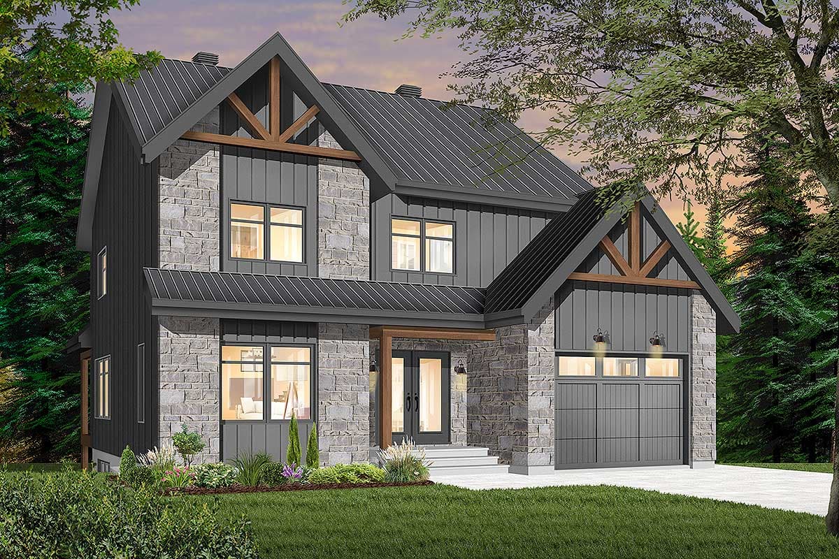 House plan exterior: Two-story modern home with stone and vertical siding, gabled roof, and exposed timber trusses.