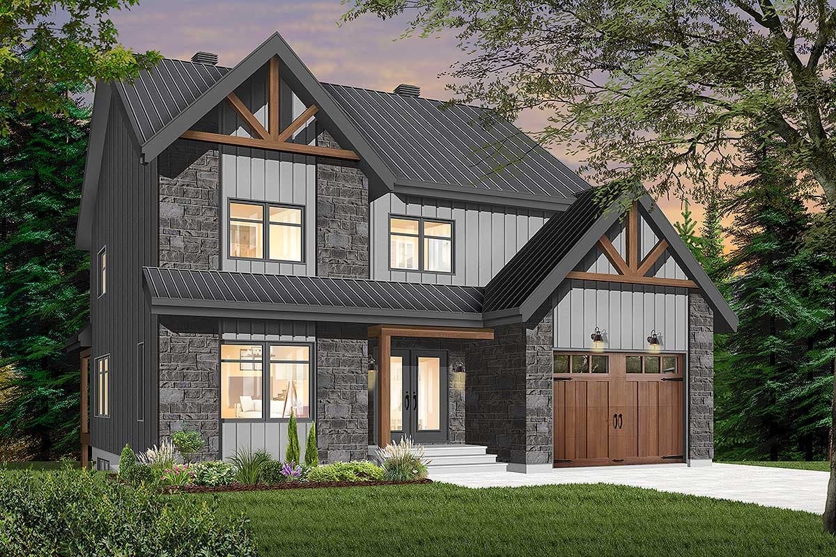 House plan exterior: Modern home with stone and board-and-batten siding, gabled roof, exposed beams, and attached garage.