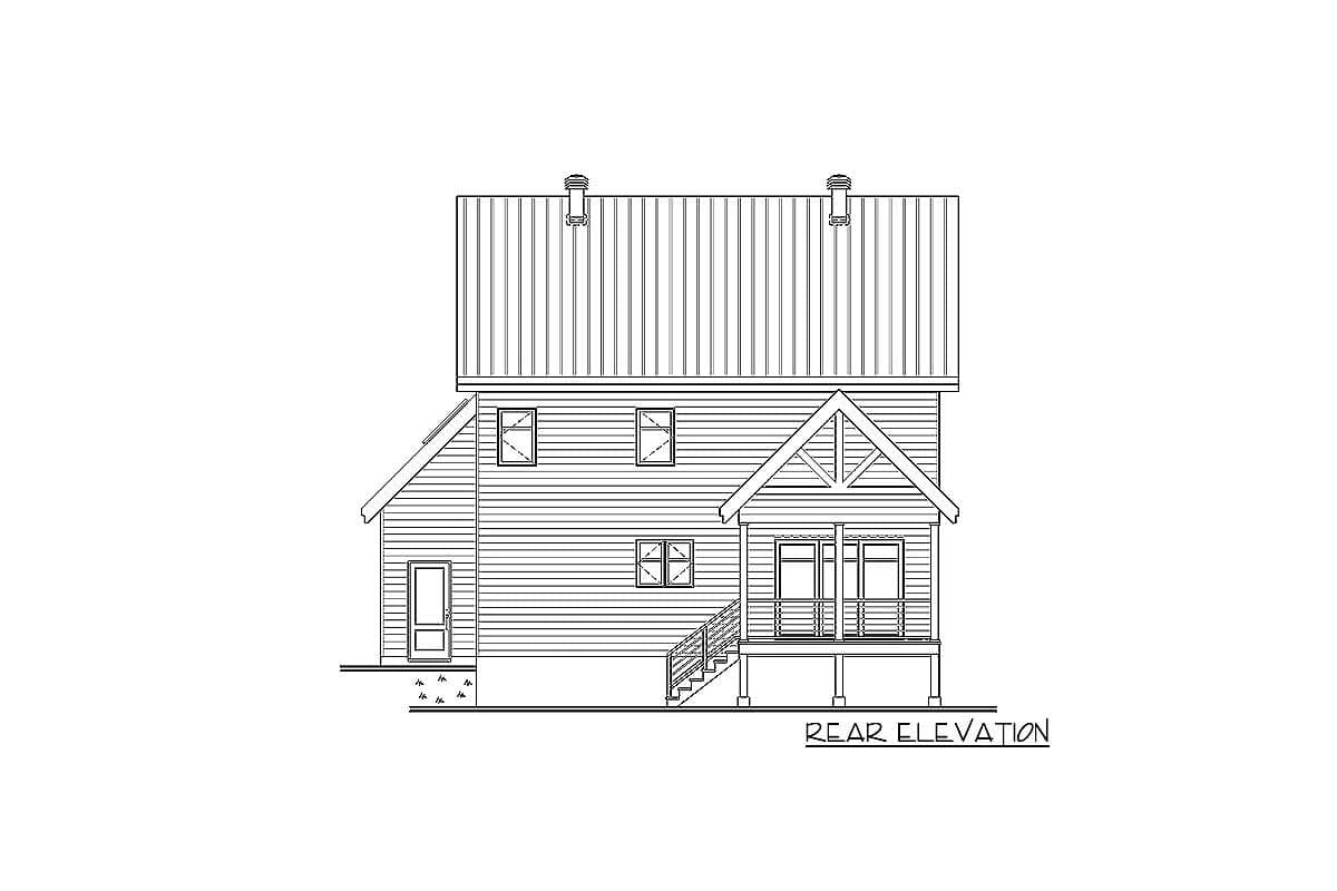 Rear elevation drawing showing a two-story house with a metal roof, shed dormer, and covered porch with gable.