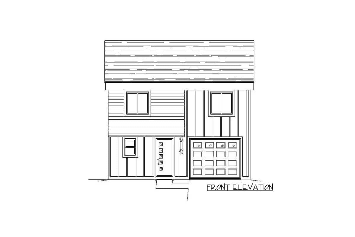 Front elevation house plan showing a two-story structure with a garage, central entry, and horizontal siding.