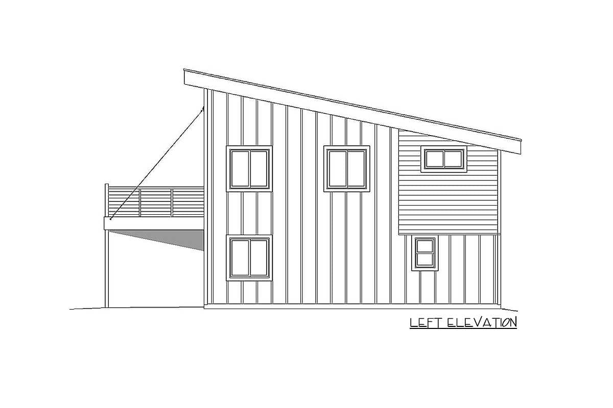 Left elevation drawing of a two-story house with a sloped roof, multiple windows, and a deck.