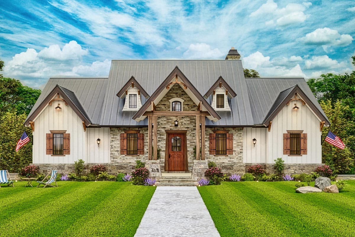House plan exterior. Two-story farmhouse with a metal roof, stone facade, and two dormers. Features include a front porch and wood shutters.