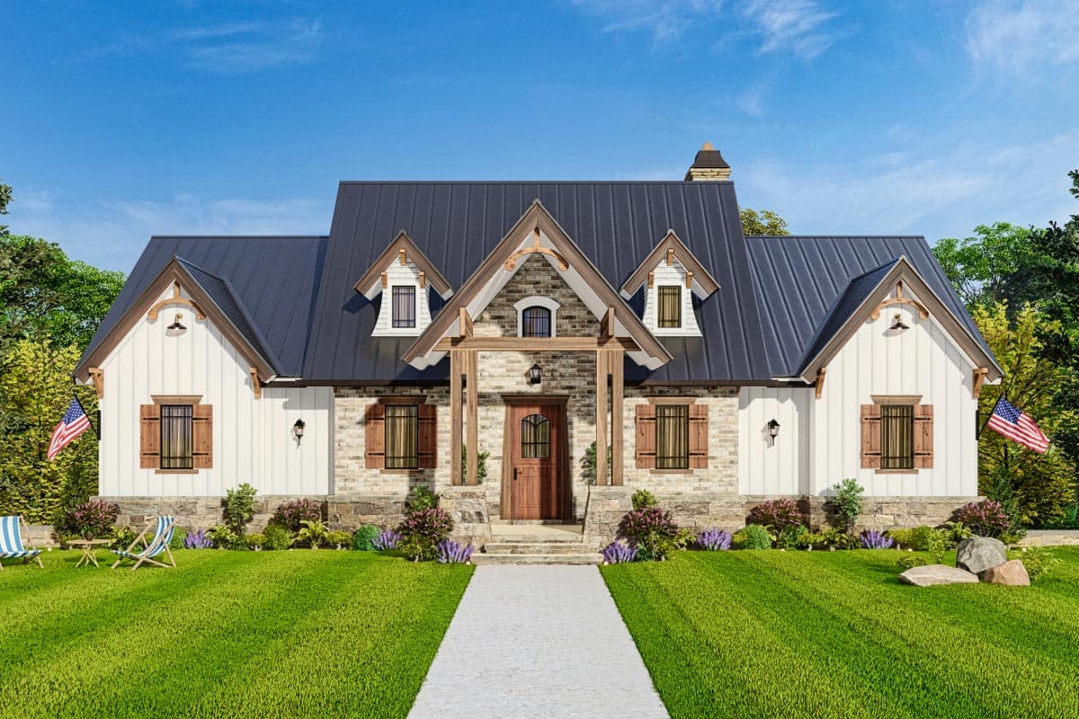 House plan exterior: Modern Farmhouse style, two stories, with dormers, gables, stone accents, and a prominent entrance.