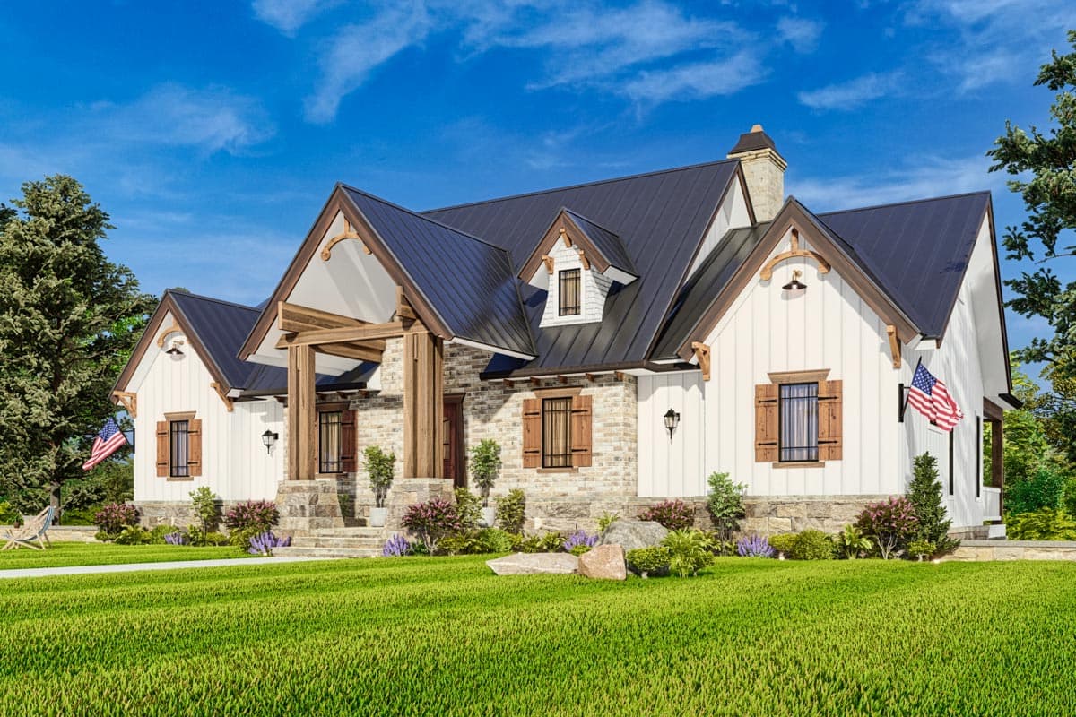 Modern Farmhouse house plan exterior with gables, dormers, stone and board-and-batten siding, and metal roof.