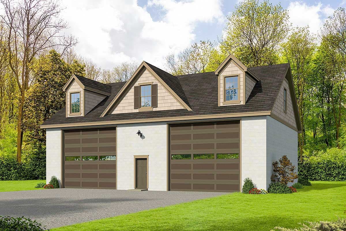House plan exterior. Two-story garage with two bays, two dormers, and a gable roof. Includes a side entry door and a gravel driveway.