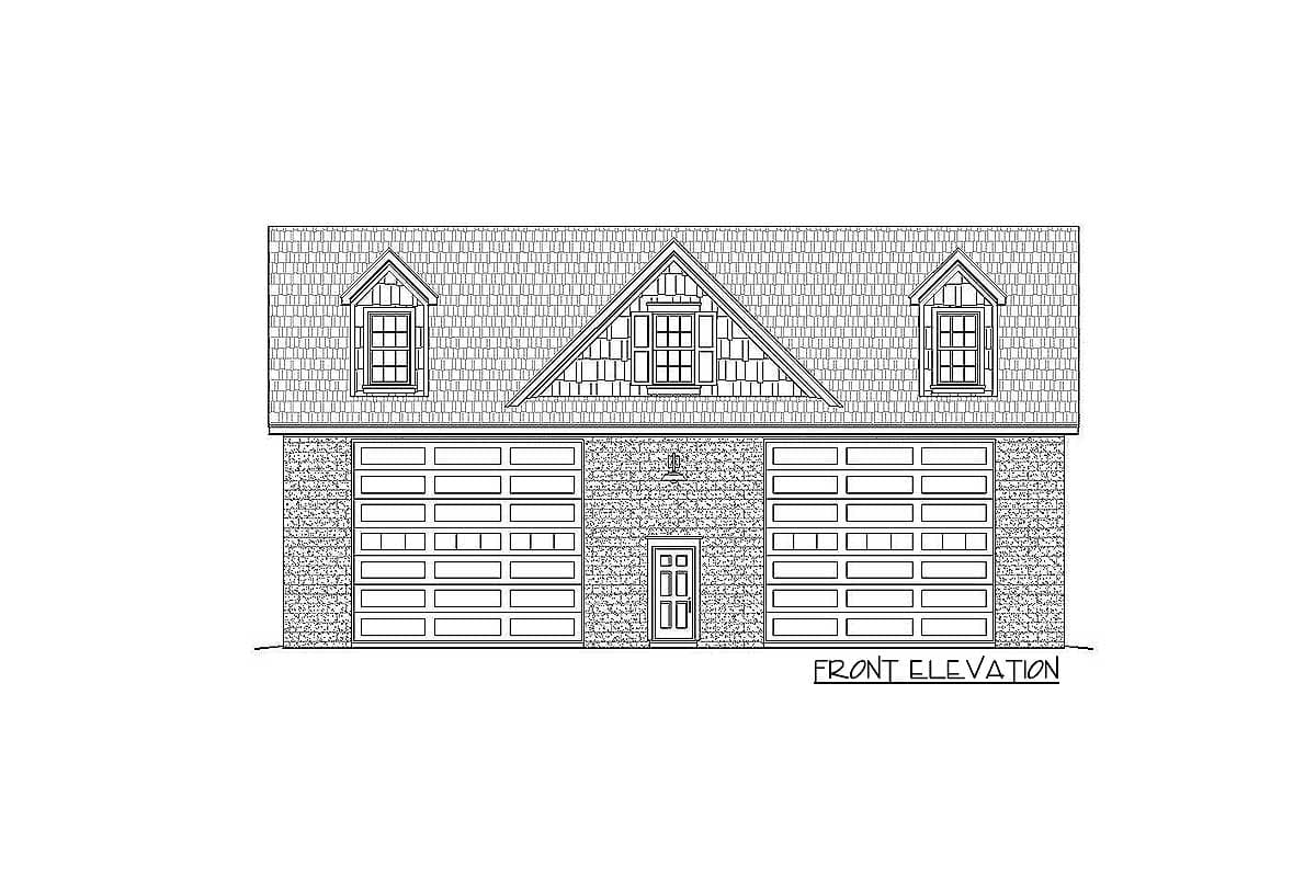 Front elevation house plan drawing shows a two-story building with a central gable, three garage doors, and two dormers.