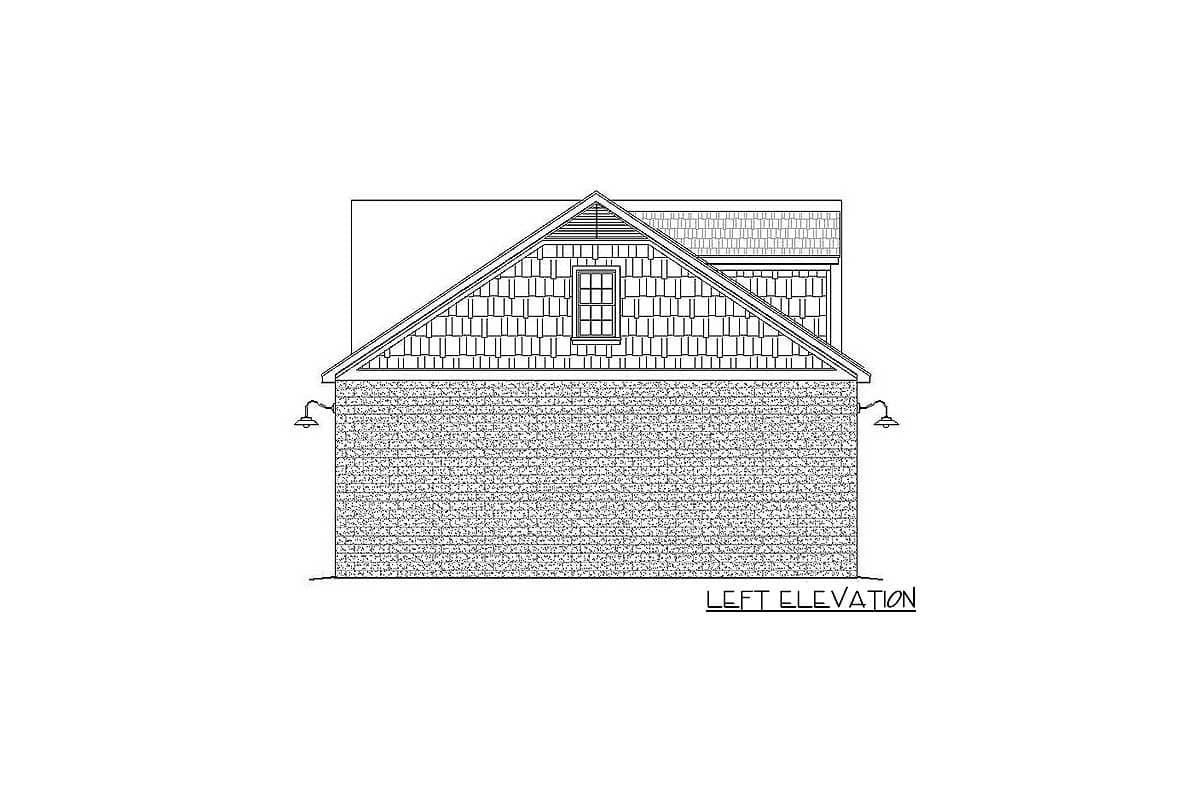 Left elevation drawing of a house with stone base, shingle siding, gable, and one window.