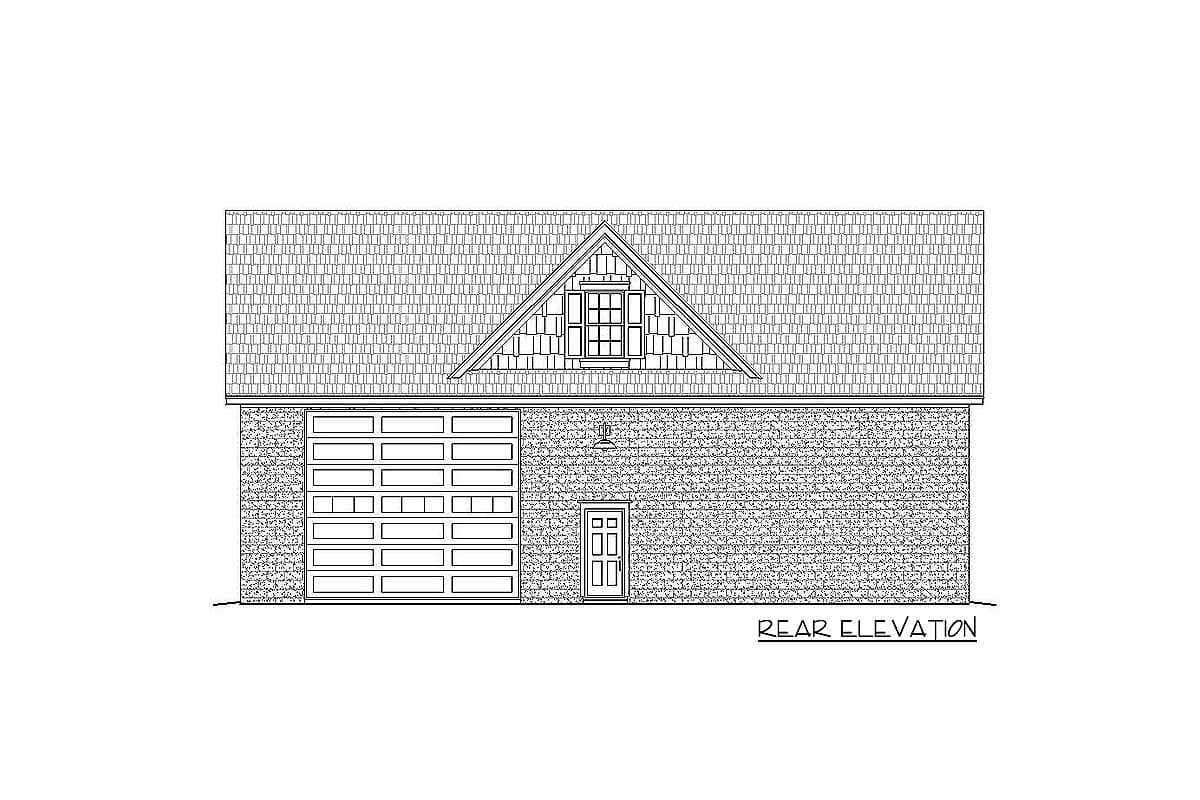 Rear elevation drawing of a house with a two-car garage, gable dormer, and decorative door.