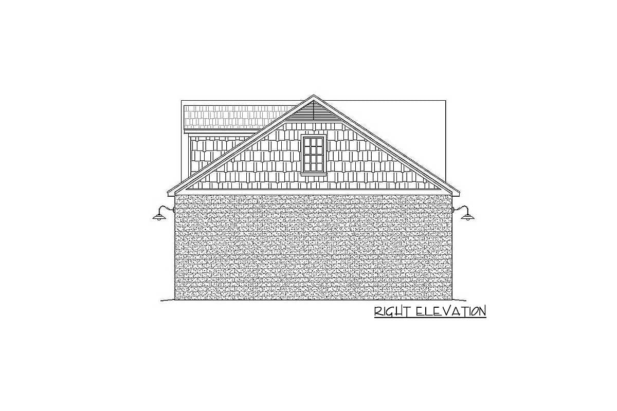 Right elevation house plan drawing showing stone base, shingled gable with dormer window and roof.
