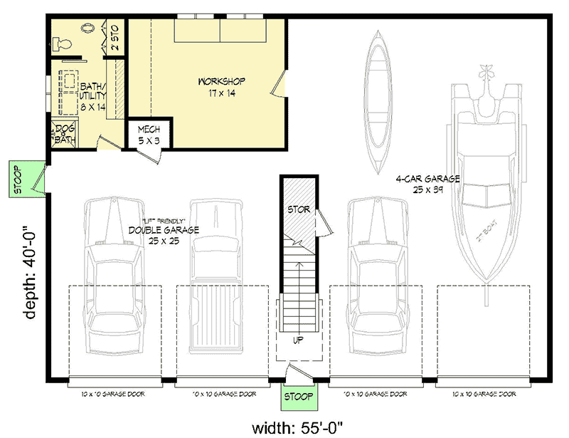 Plan 68548VR: 4-Car Detached Garage with Open Loft Above - Floor Plan - Main Level - Country, Traditional
