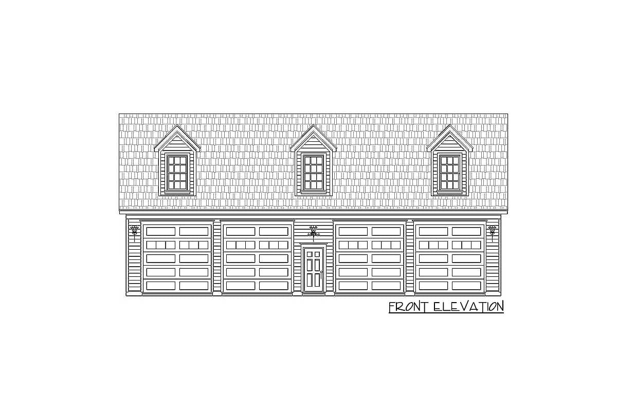 Front elevation drawing of a four-car garage with three dormer windows and a central entry door.