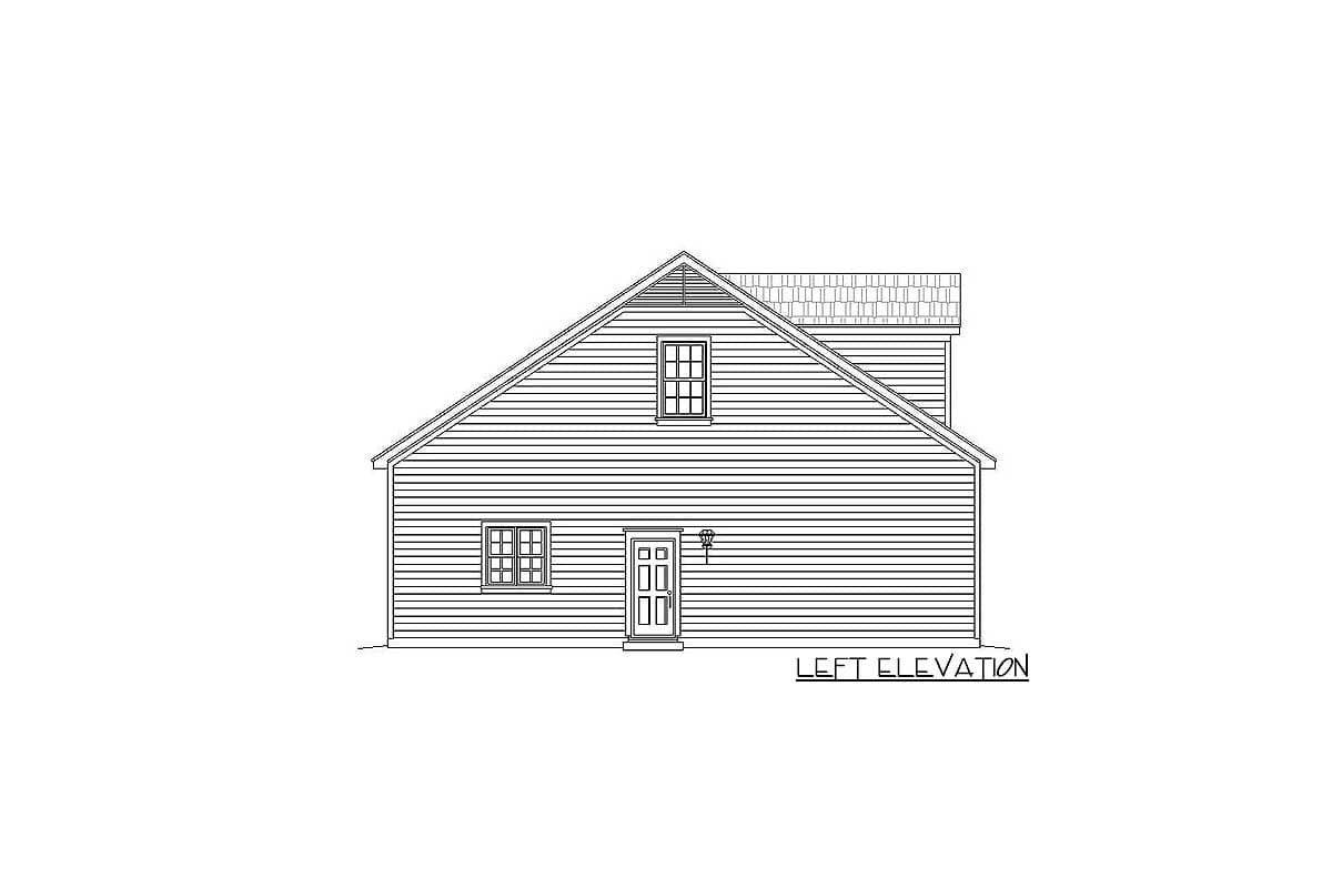 Left elevation drawing of a house plan showing a front door, two windows, and a dormer window.