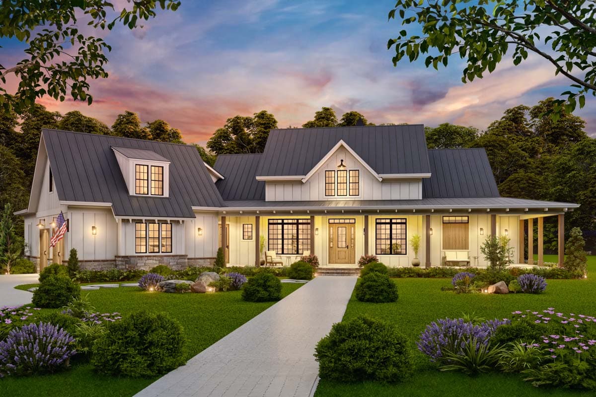 Modern Farmhouse house plan exterior with a wraparound porch, gables, and a dormer.