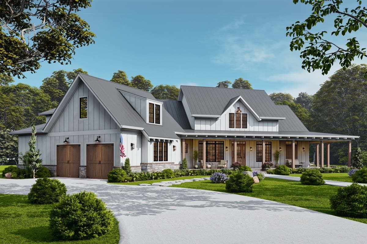 Modern Farmhouse house plan exterior with a prominent wraparound porch, metal roof, and a side-facing three-car garage.