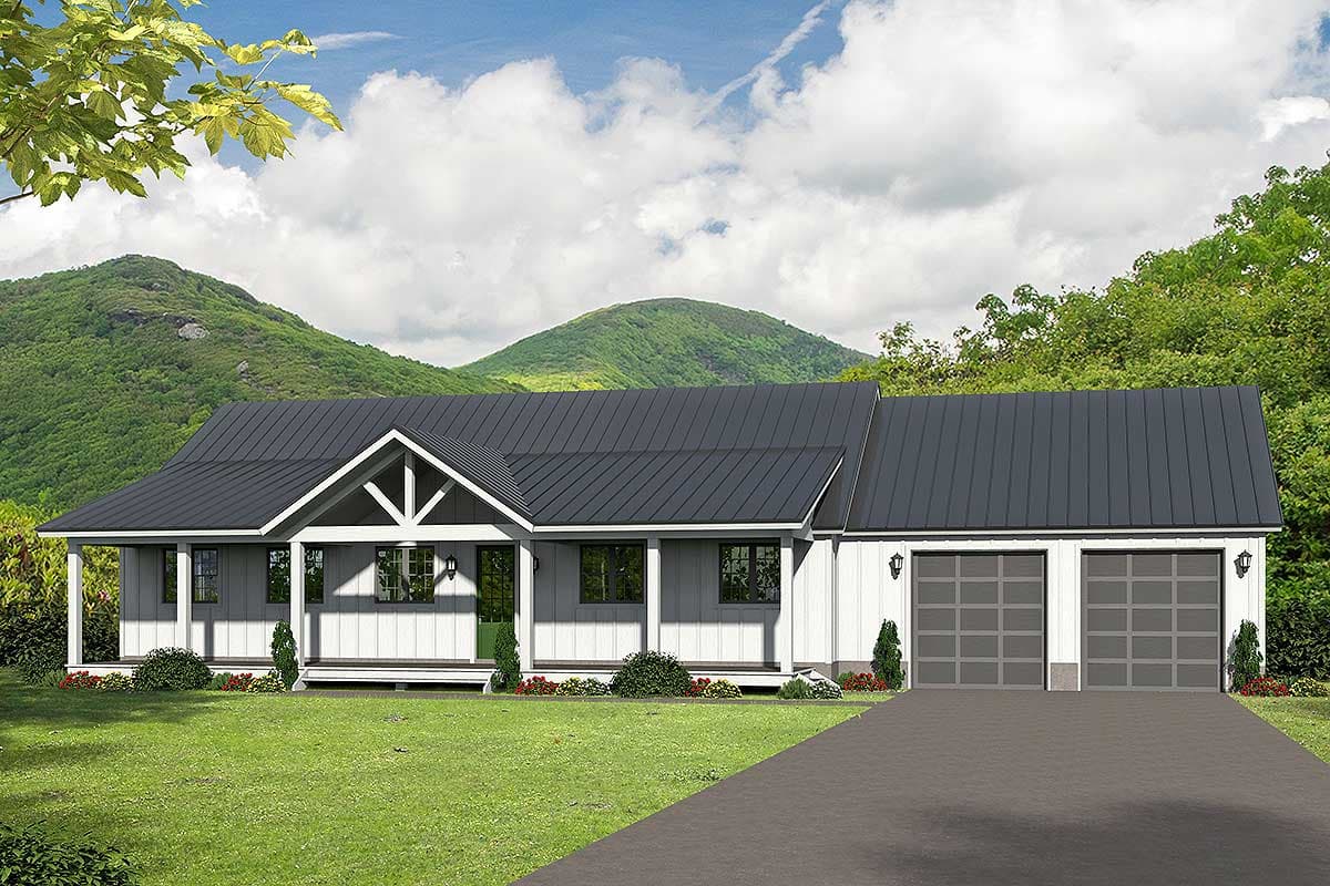 House plan exterior. Modern Farmhouse style with a single story, a covered porch, gabled roofline, and attached two-car garage.