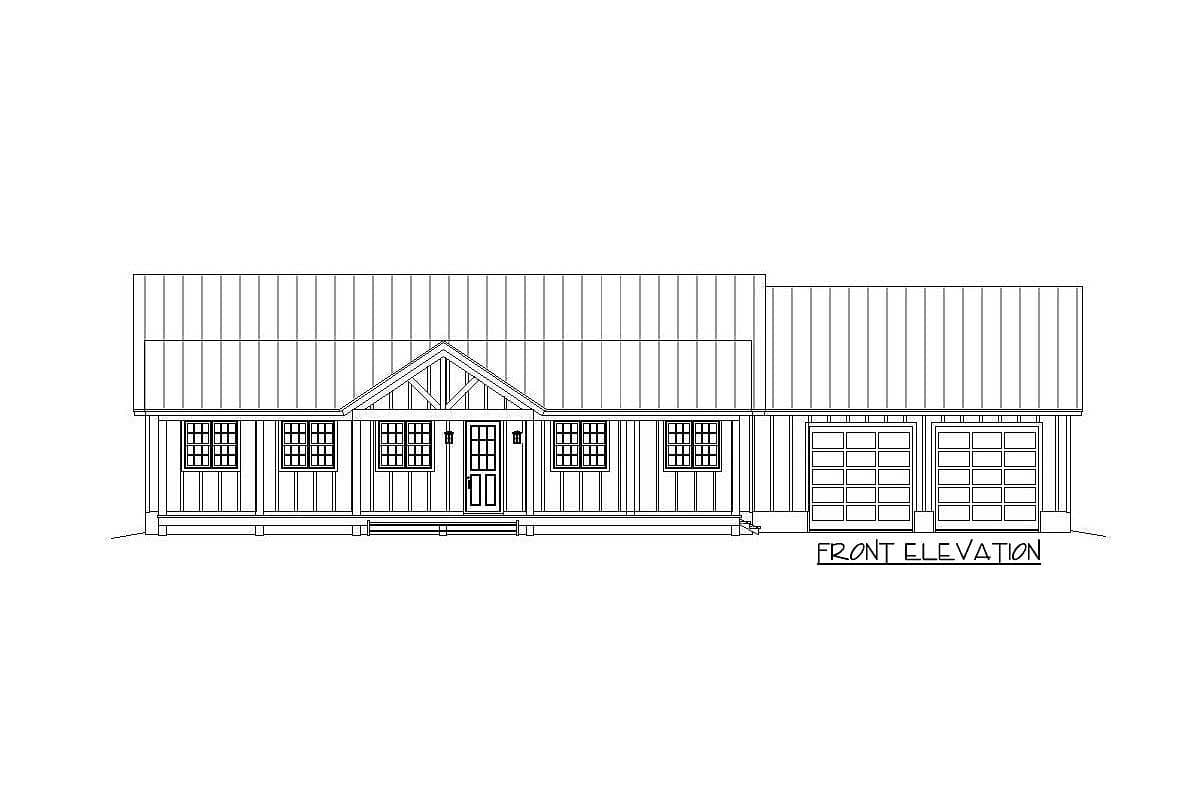 Front elevation drawing of a house plan featuring a covered porch, multiple windows, and a two-car garage.