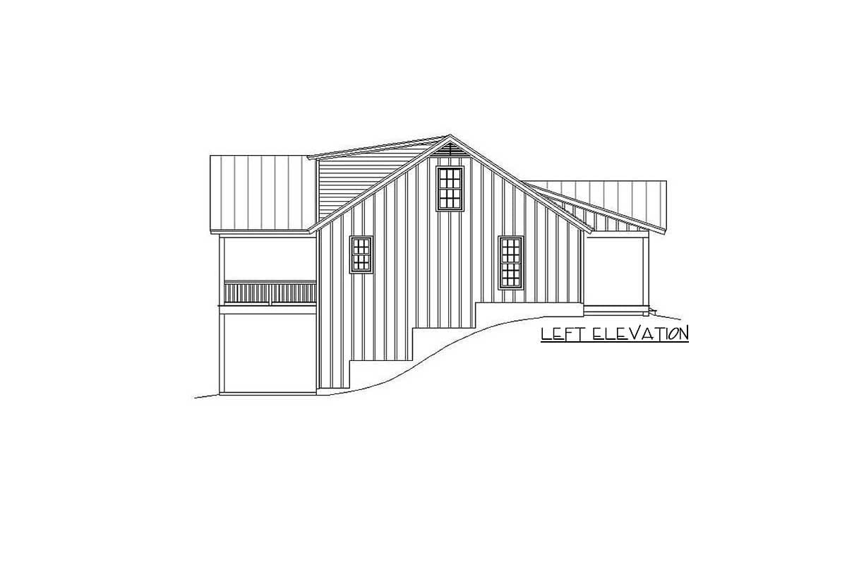 Left elevation house plan drawing showing a two-story structure with a porch, gables, and multi-pane windows.