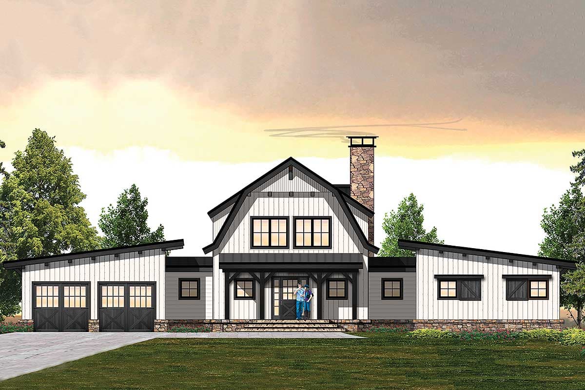 House plan exterior. Modern farmhouse style with a two-story main house, attached garage with shed roof, and stone chimney.