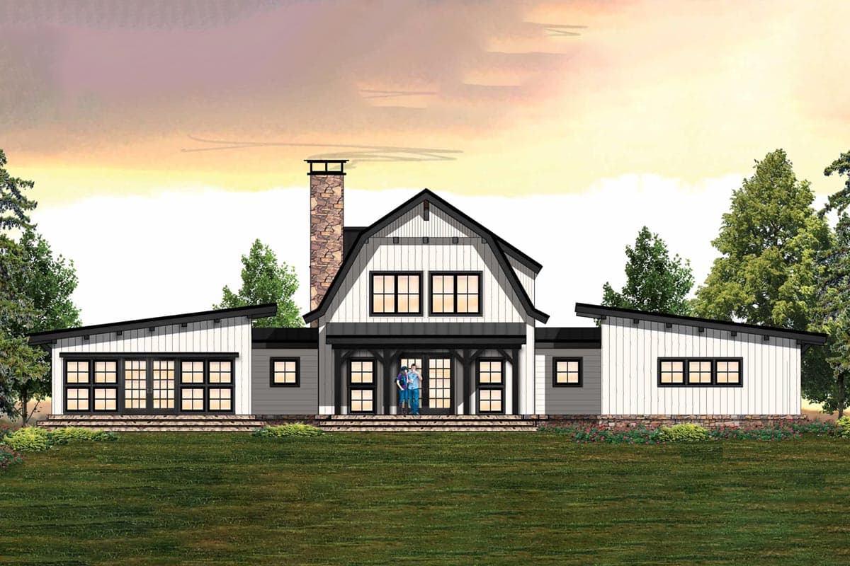 Modern Farmhouse house plan exterior with gambrel roof, stone chimney, and asymmetric gabled wings with metal roofs.