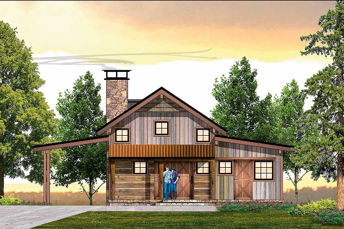 House plan exterior. Two-story rustic style with stone chimney, covered entry, and wood siding. Attached garage with sliding door.