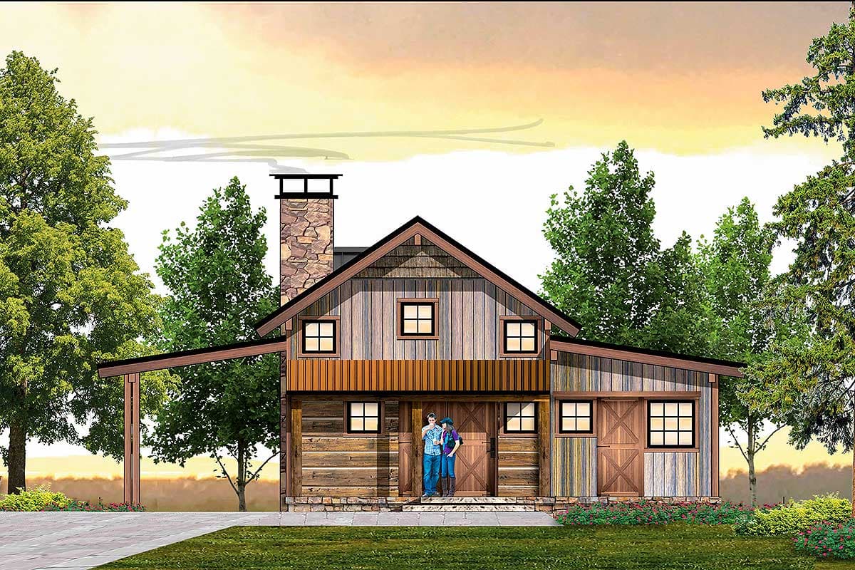 House plan exterior. Two-story rustic style with gabled roof, stone chimney, and covered porch. Features include wooden siding and multiple windows.