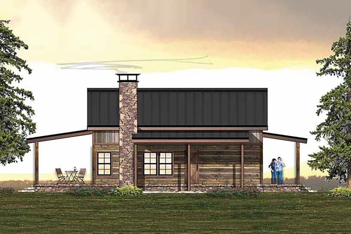Log cabin house plan exterior with stone chimney, metal roof, and covered porches.