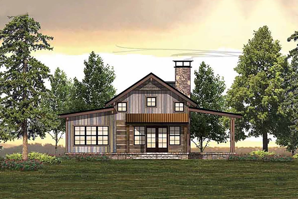 House plan exterior: Modern Farmhouse style, one story, with stone chimney, covered porch, and board-and-batten siding.