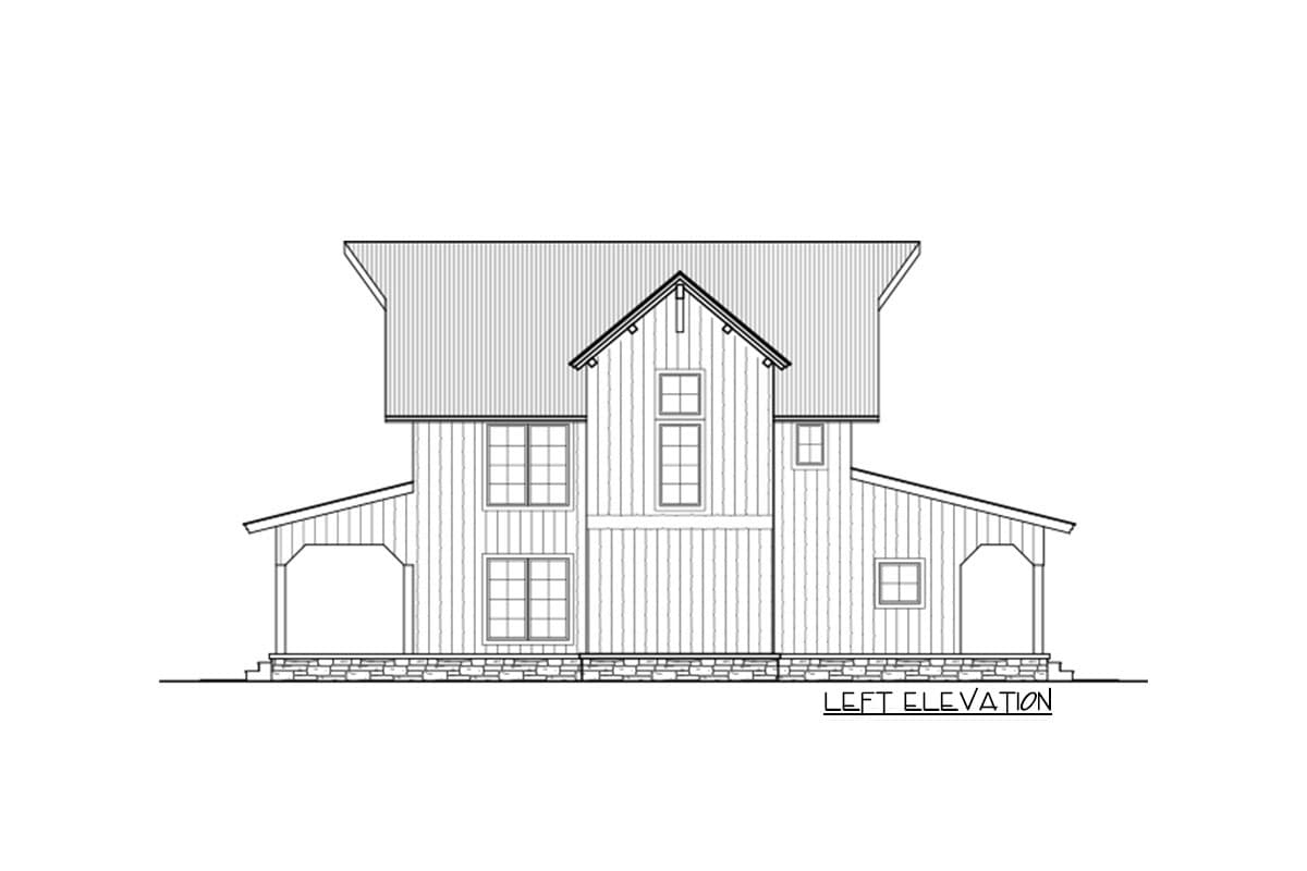 Left elevation house plan: two stories, gable roof, vertical siding, stone foundation, and covered porches.