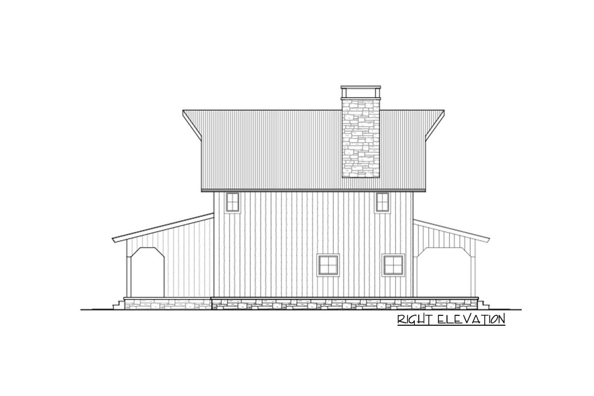 Right elevation house plan with a metal roof, stone chimney, and covered porches.
