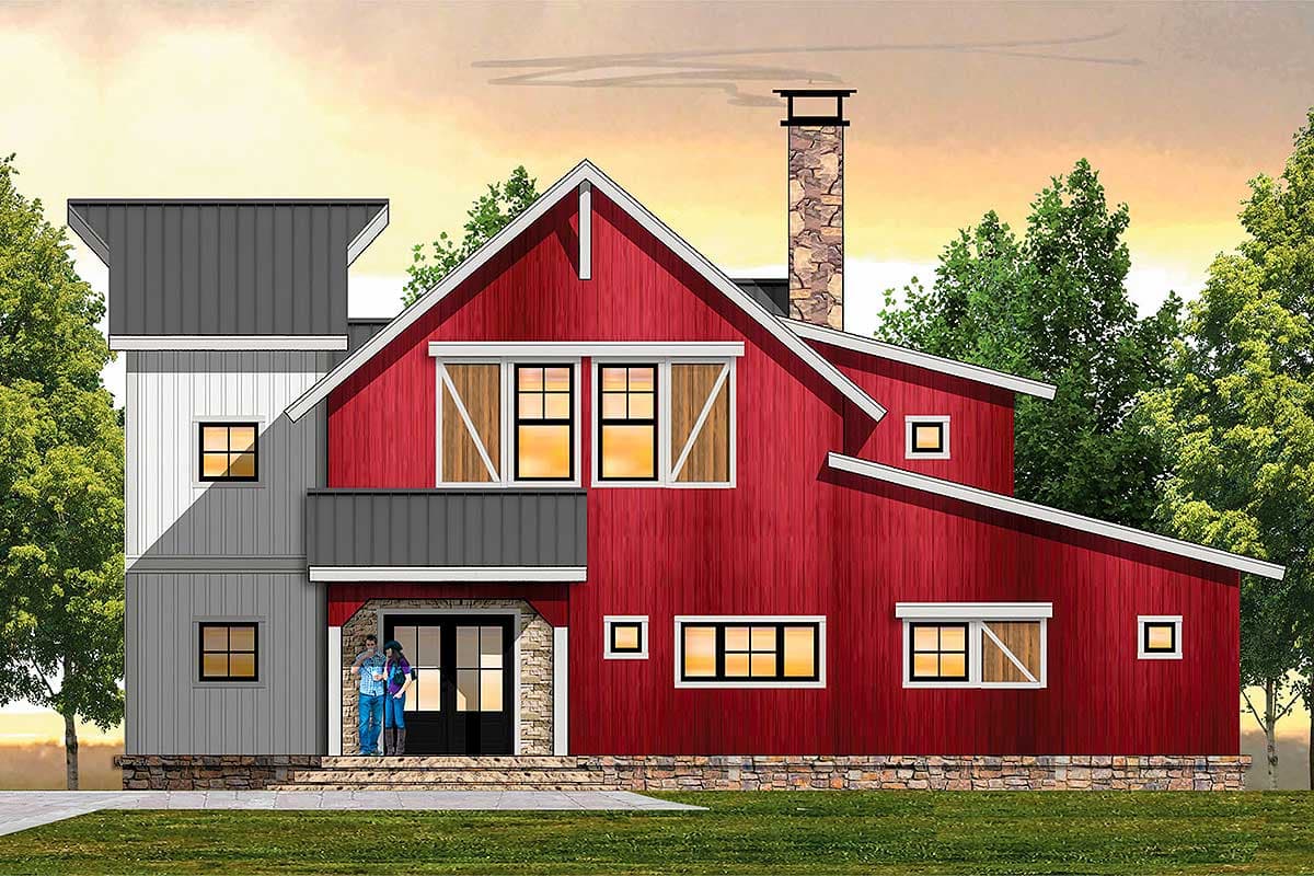 House plan exterior featuring a two-story farmhouse style with a gable roof, metal roof accents, and stone chimney.