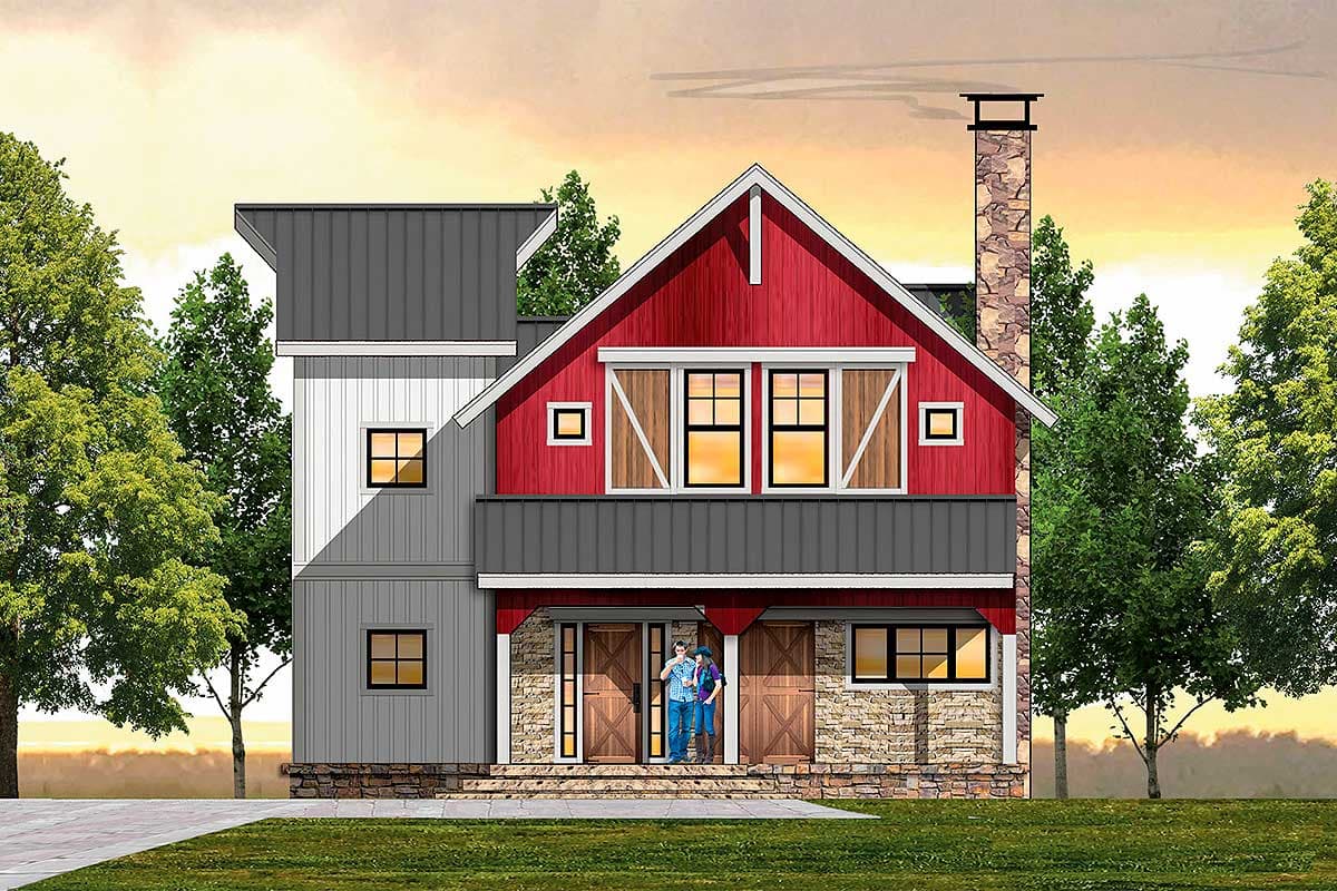 House plan exterior. Two-story barn-style house with board-and-batten siding, metal roof, stone chimney, and gable roof with shutters.