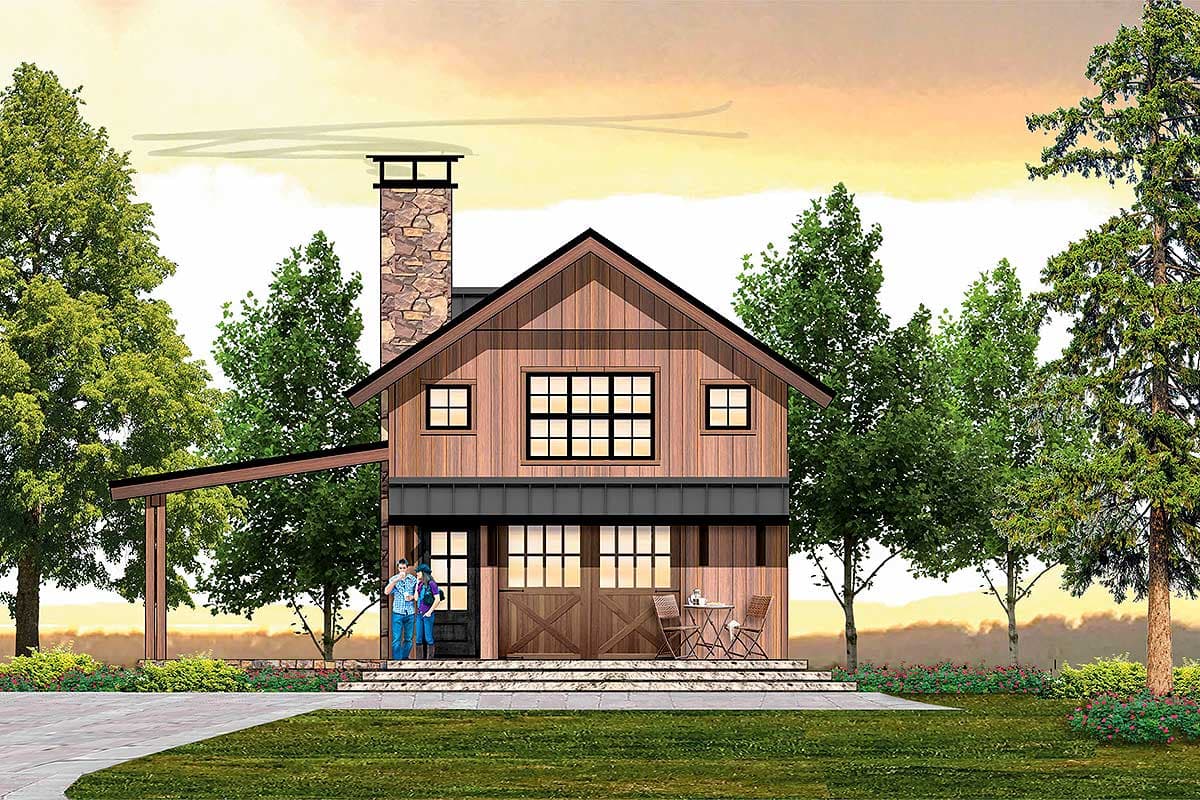 House plan exterior. Two-story with gable roof, stone chimney, and covered porch. Features include board and batten siding and multiple windows.