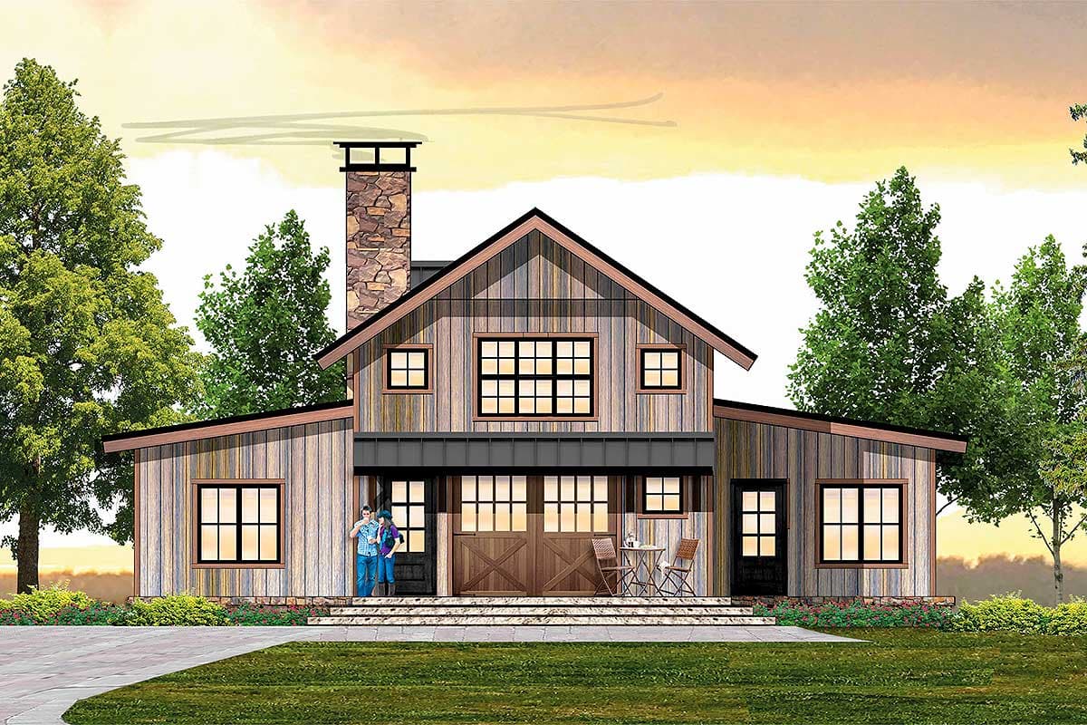 House plan exterior. Two-story Modern Farmhouse with gable roof, stone chimney, and covered entry. Includes a two-car garage with cross design.